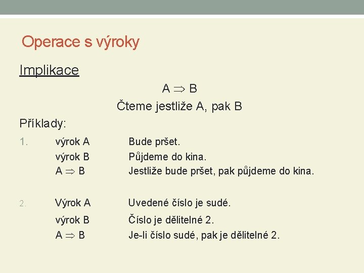 Operace s výroky Implikace A B Čteme jestliže A, pak B Příklady: 1. výrok