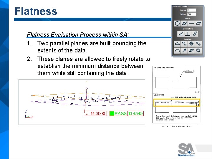 Flatness Evaluation Process within SA: 1. Two parallel planes are built bounding the extents