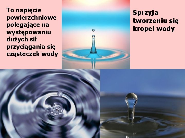 To napięcie powierzchniowe polegające na występowaniu dużych sił przyciągania się cząsteczek wody Sprzyja tworzeniu