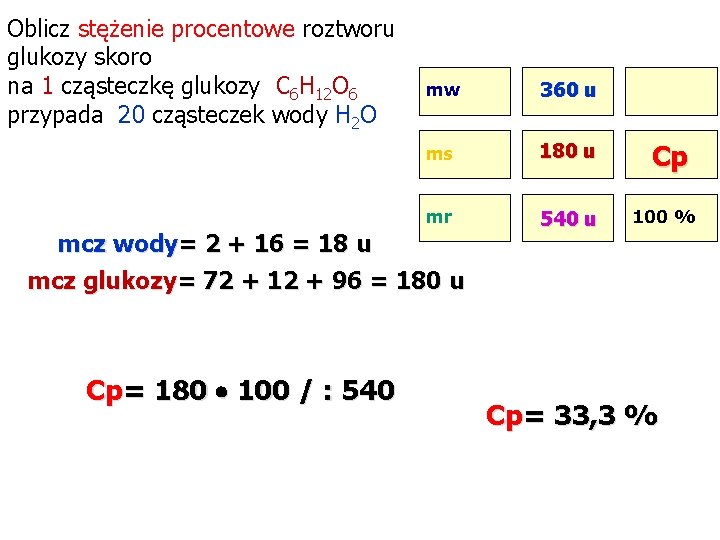 Oblicz stężenie procentowe roztworu glukozy skoro na 1 cząsteczkę glukozy C 6 H 12