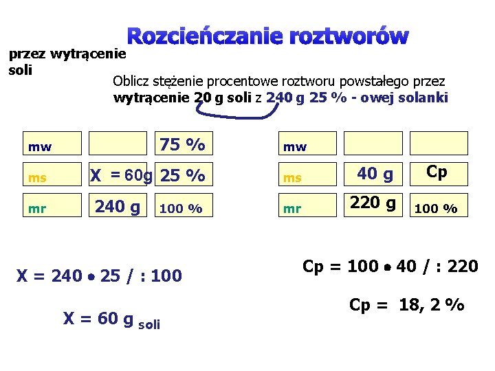 Rozcieńczanie roztworów przez wytrącenie soli Oblicz stężenie procentowe roztworu powstałego przez wytrącenie 20 g