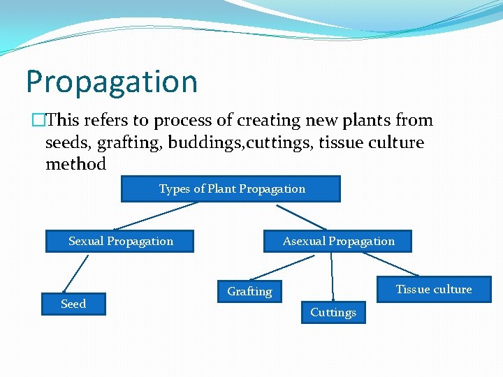 Propagation �This refers to process of creating new plants from seeds, grafting, buddings, cuttings,