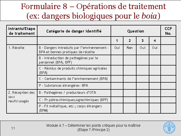 Formulaire 8 – Opérations de traitement (ex: dangers biologiques pour le boia) Intrants/Etape de