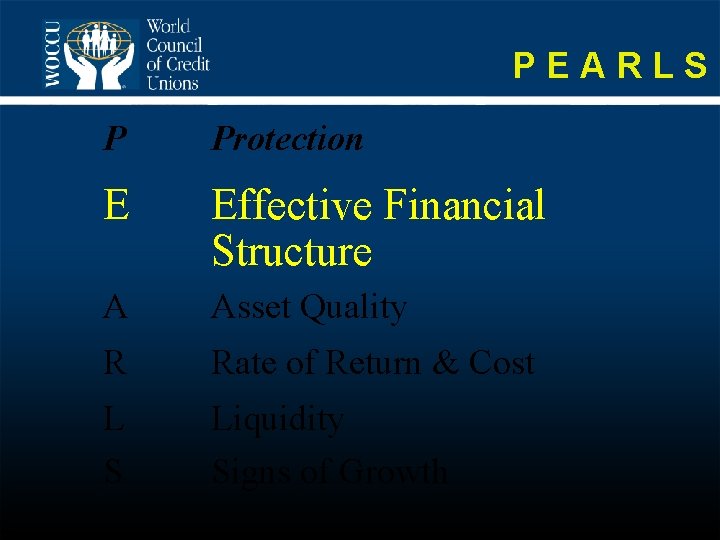 PEARLS P Protection E Effective Financial Structure A Asset Quality R Rate of Return