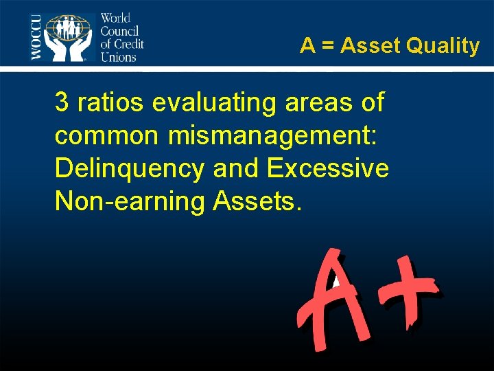 A = Asset Quality 3 ratios evaluating areas of common mismanagement: Delinquency and Excessive