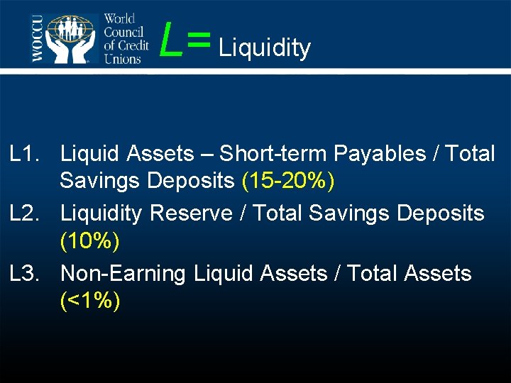 L= Liquidity L 1. Liquid Assets – Short-term Payables / Total Savings Deposits (15