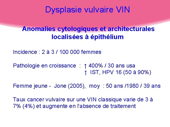Dysplasie vulvaire VIN Anomalies cytologiques et architecturales localisées à épithélium Incidence : 2 à