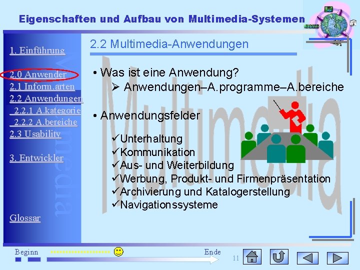 Eigenschaften und Aufbau von Multimedia-Systemen Multimedia 1. Einführung 2. 0 Anwender 2. 1 Inform.