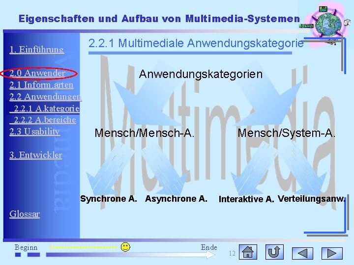 Eigenschaften und Aufbau von Multimedia-Systemen Multimedia 1. Einführung 2. 0 Anwender 2. 1 Inform.