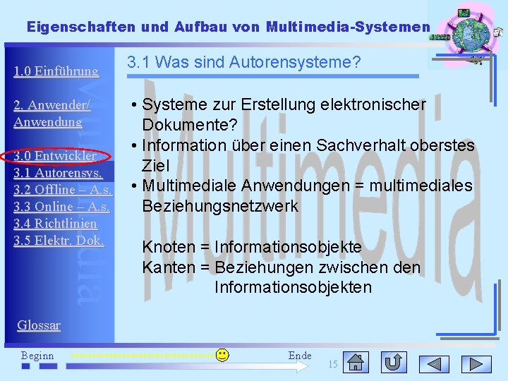 Eigenschaften und Aufbau von Multimedia-Systemen Multimedia 1. 0 Einführung 2. Anwender/ Anwendung 3. 0