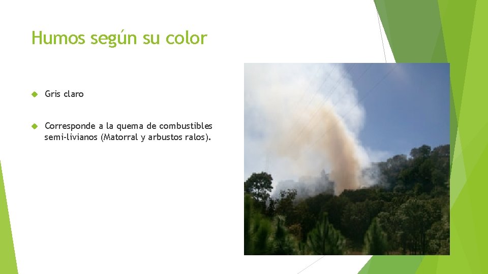 Humos según su color Gris claro Corresponde a la quema de combustibles semi-livianos (Matorral