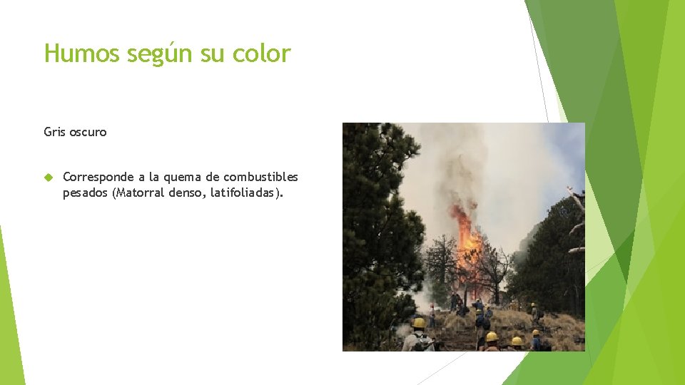 Humos según su color Gris oscuro Corresponde a la quema de combustibles pesados (Matorral