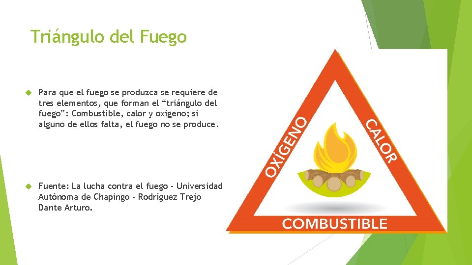 Triángulo del Fuego Para que el fuego se produzca se requiere de tres elementos,