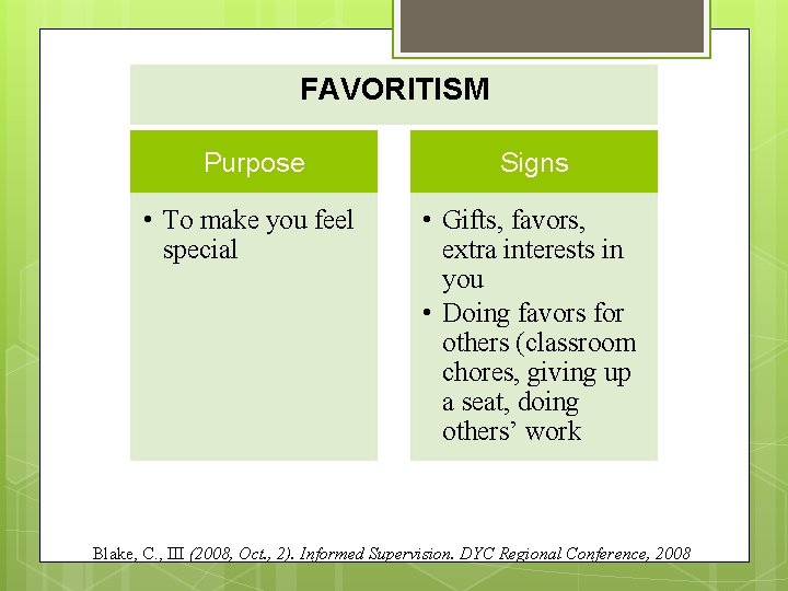 FAVORITISM Purpose Signs • To make you feel special • Gifts, favors, extra interests