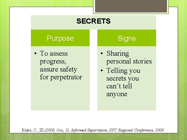 SECRETS Purpose Signs • To assess progress, assure safety for perpetrator • Sharing personal