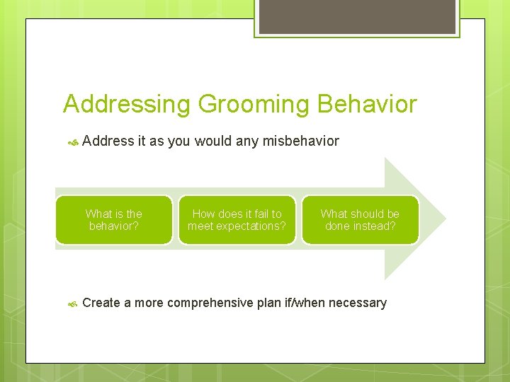 Addressing Grooming Behavior Address it as you would any misbehavior What is the behavior?