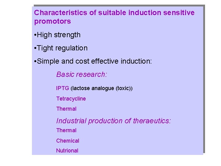 Characteristics of suitable induction sensitive promotors • High strength • Tight regulation • Simple