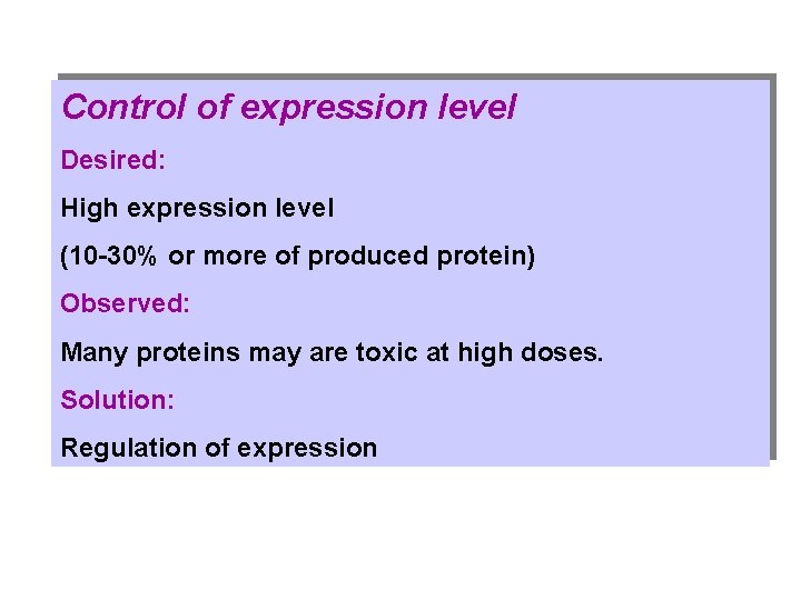 Control of expression level Desired: High expression level (10 -30% or more of produced
