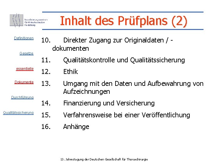 Inhalt des Prüfplans (2) Definitionen 10. Gesetze Direkter Zugang zur Originaldaten / dokumenten 11.