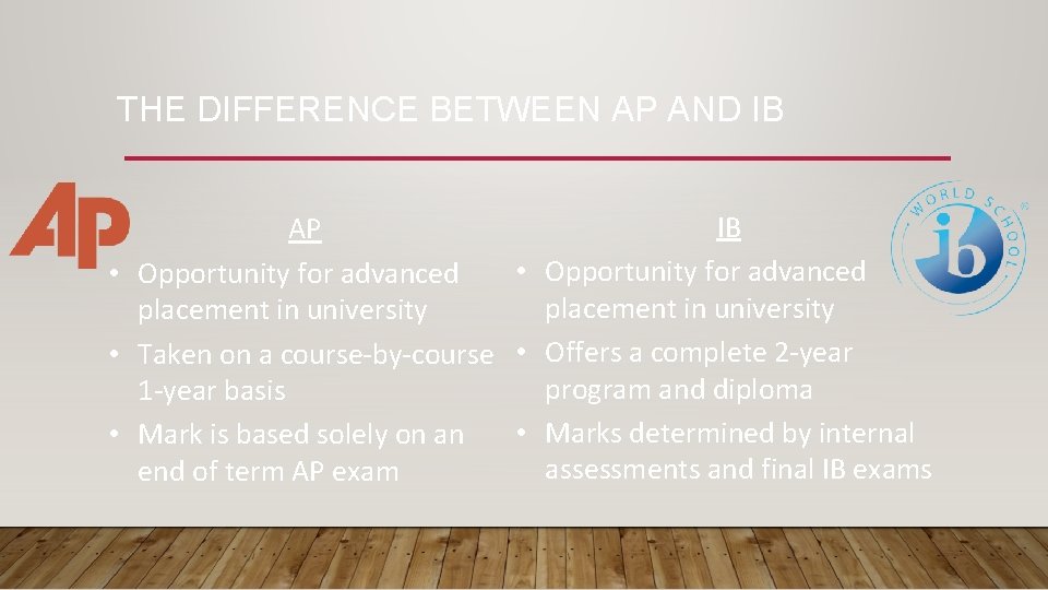 THE DIFFERENCE BETWEEN AP AND IB IB AP • Opportunity for advanced placement in THE DIFFERENCE BETWEEN AP AND IB IB AP • Opportunity for advanced placement in