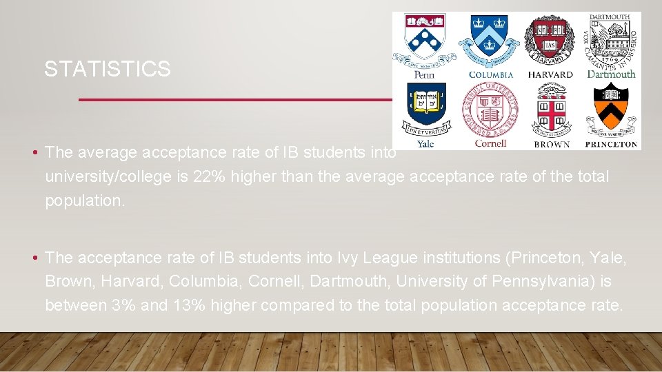 STATISTICS • The average acceptance rate of IB students into university/college is 22% higher STATISTICS • The average acceptance rate of IB students into university/college is 22% higher
