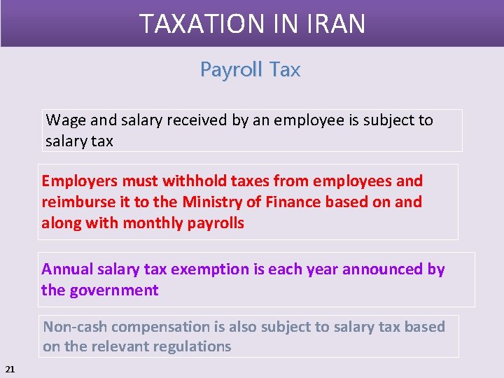 TAXATION IN IRAN Payroll Tax Wage and salary received by an employee is subject