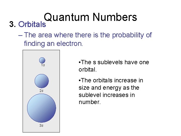 Quantum Numbers 3. Orbitals – The area where there is the probability of finding