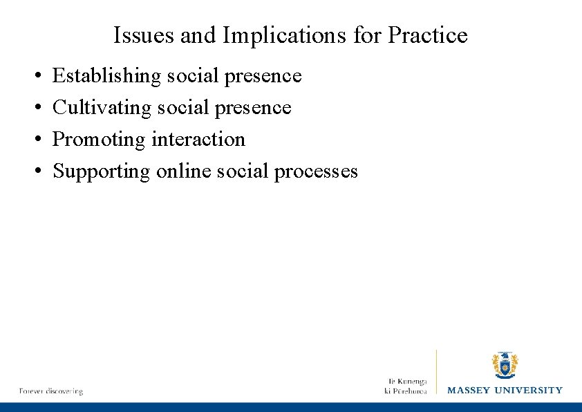 Issues and Implications for Practice • • Establishing social presence Cultivating social presence Promoting