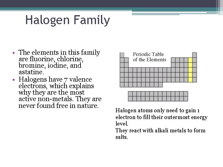 Halogen Family • The elements in this family are fluorine, chlorine, bromine, iodine, and Halogen Family • The elements in this family are fluorine, chlorine, bromine, iodine, and