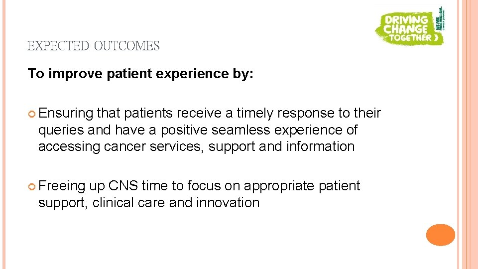 EXPECTED OUTCOMES To improve patient experience by: Ensuring that patients receive a timely response