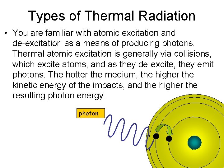 Types of Thermal Radiation • You are familiar with atomic excitation and de-excitation as