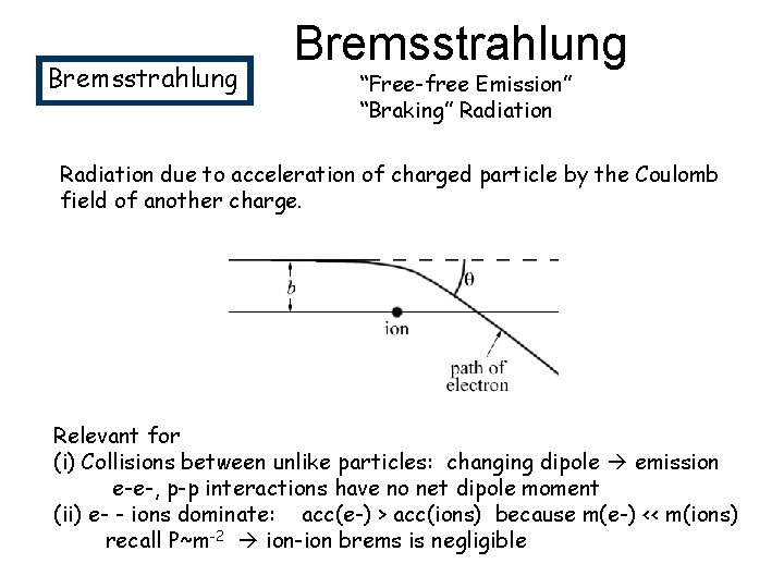 Bremsstrahlung “Free-free Emission” “Braking” Radiation due to acceleration of charged particle by the Coulomb