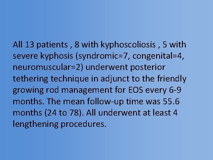 All 13 patients , 8 with kyphoscoliosis , 5 with severe kyphosis (syndromic=7, congenital=4,