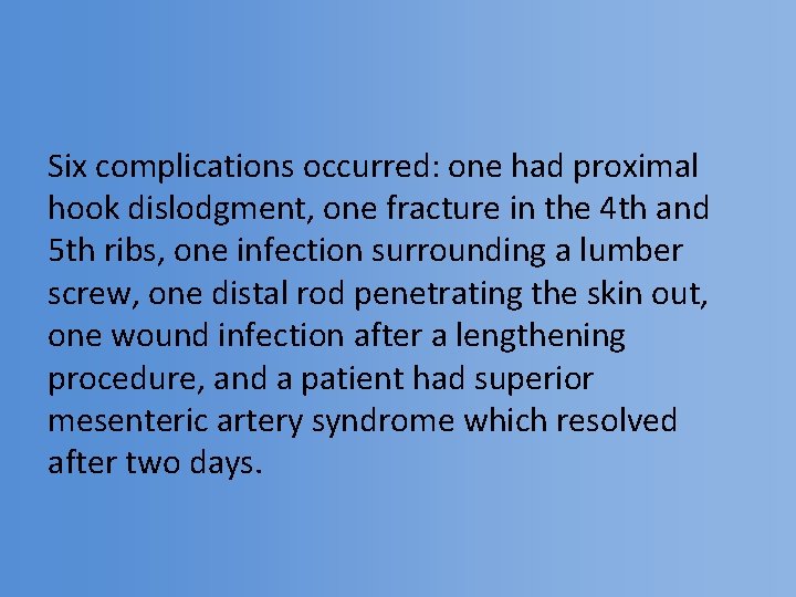 Six complications occurred: one had proximal hook dislodgment, one fracture in the 4 th