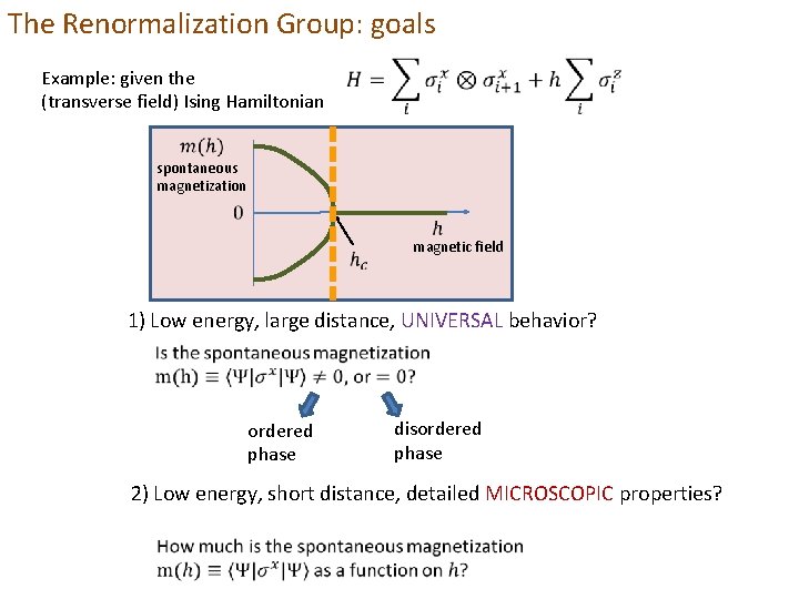 The Renormalization Group: goals Example: given the (transverse field) Ising Hamiltonian spontaneous magnetization magnetic