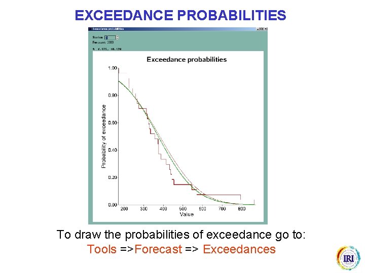 EXCEEDANCE PROBABILITIES To draw the probabilities of exceedance go to: Tools =>Forecast => Exceedances