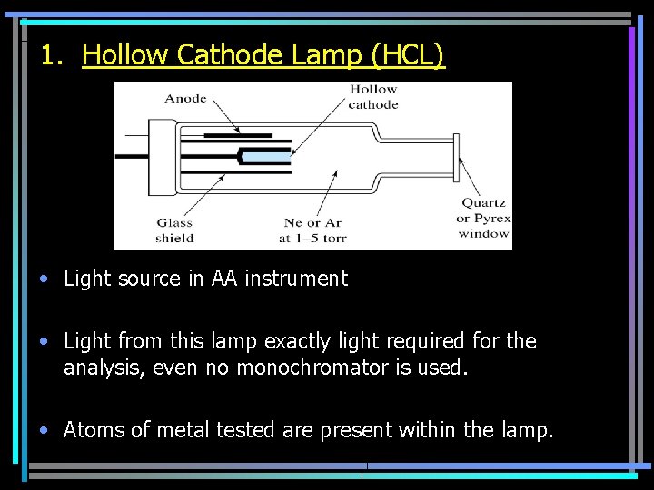 1. Hollow Cathode Lamp (HCL) • Light source in AA instrument • Light from