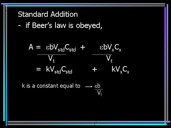 Standard Addition - if Beer’s law is obeyed, A = b. Vstd. Cstd +