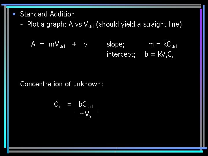  • Standard Addition - Plot a graph: A vs Vstd (should yield a