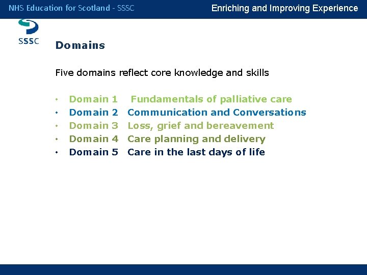 NHS Education for Scotland - SSSC Enriching and Improving Experience Domains Five domains reflect