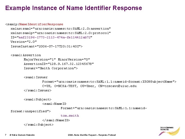 Example Instance of Name Identifier Response <samlp: Name. Identifier. Response xmlns: saml="urn: oasis: names: