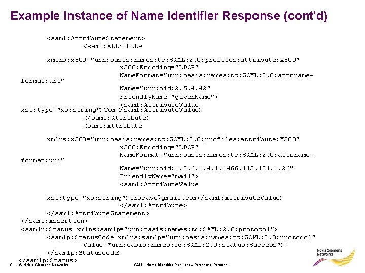 Example Instance of Name Identifier Response (cont'd) <saml: Attribute. Statement> <saml: Attribute xmlns: x