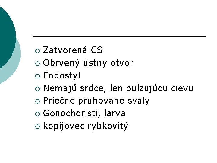 Zatvorená CS ¡ Obrvený ústny otvor ¡ Endostyl ¡ Nemajú srdce, len pulzujúcu cievu