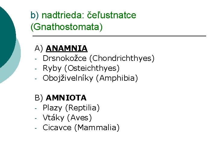 b) nadtrieda: čeľustnatce (Gnathostomata) A) ANAMNIA - Drsnokožce (Chondrichthyes) - Ryby (Osteichthyes) - Obojživelníky