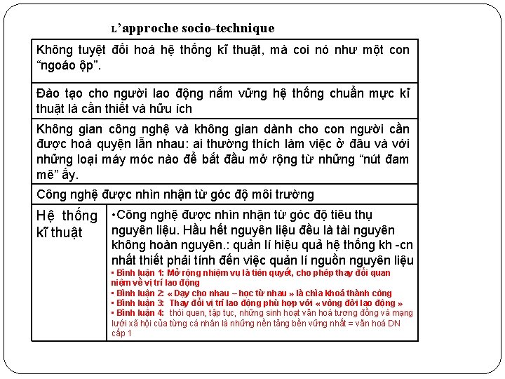 L ’approche socio-technique Không tuyệt đối hoá hệ thống kĩ thuật, mà coi nó