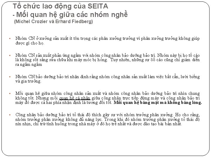 Tổ chức lao động của SEITA - Mối quan hệ giữa các nhóm nghề