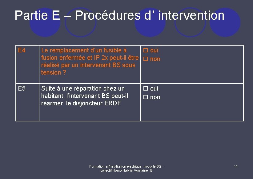 Partie E – Procédures d’ intervention E 4 oui Le remplacement d’un fusible à