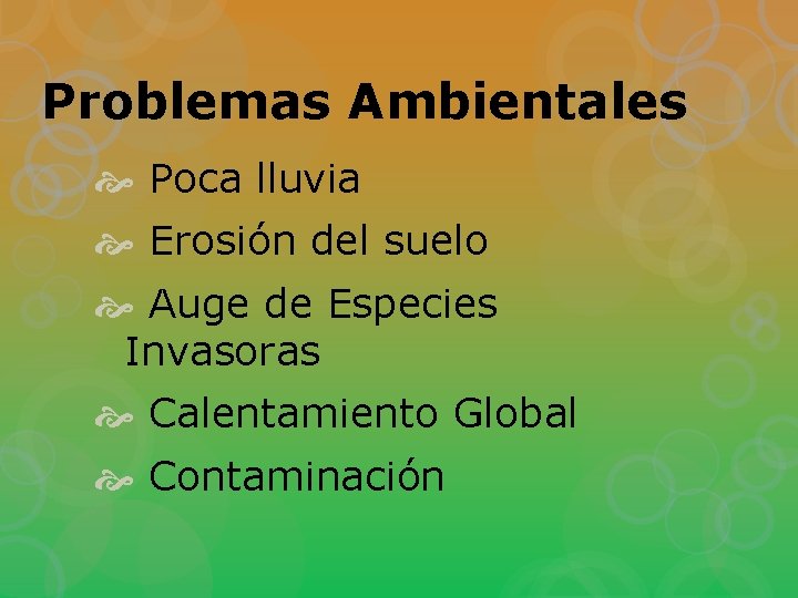 Problemas Ambientales Poca lluvia Erosión del suelo Auge de Especies Invasoras Calentamiento Global Contaminación