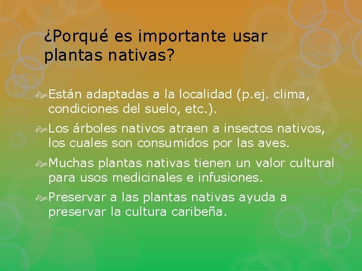 ¿Porqué es importante usar plantas nativas? Están adaptadas a la localidad (p. ej. clima,