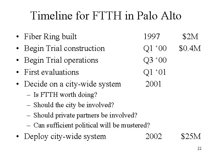 Timeline for FTTH in Palo Alto • • • Fiber Ring built Begin Trial